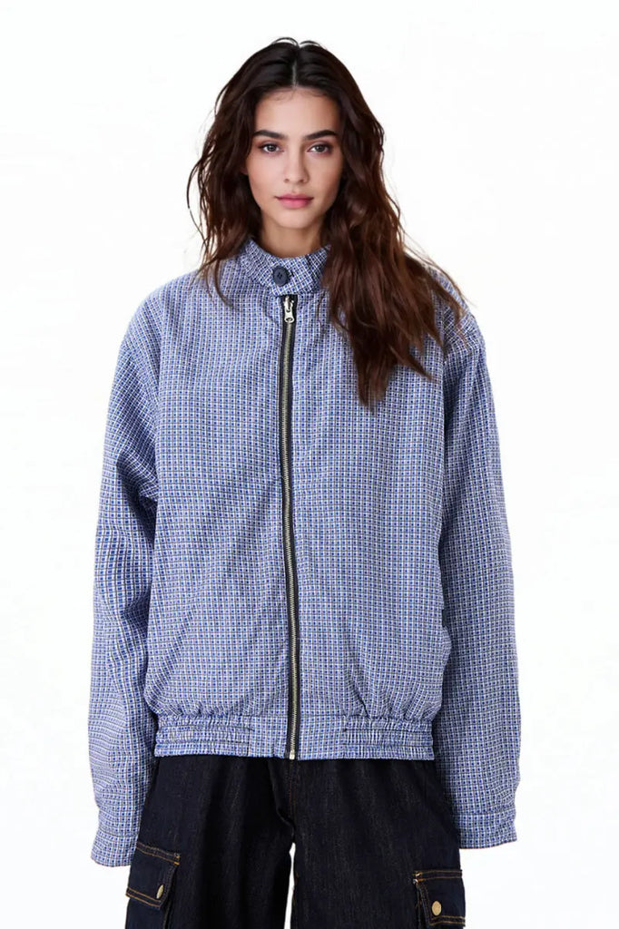 Fibflx Women's Reversible Micro-Check Zip-Up Bomber Jacket