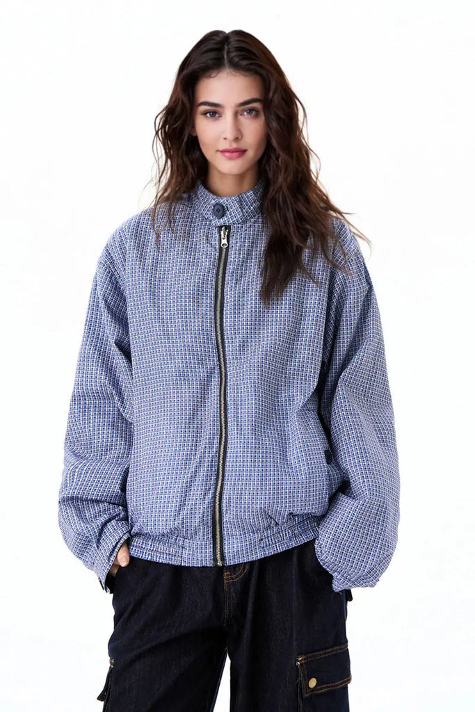 Fibflx Women's Reversible Micro-Check Zip-Up Bomber Jacket