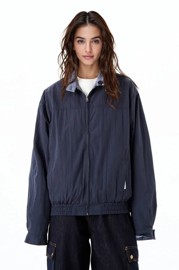 Fibflx Women's Reversible Micro-Check Zip-Up Bomber Jacket