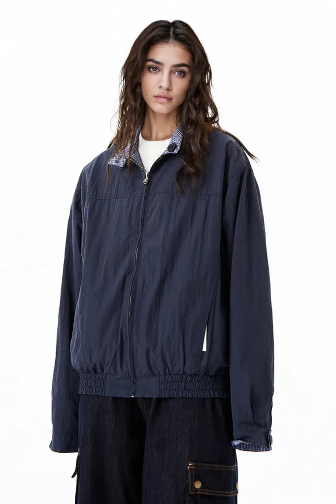 Fibflx Women's Reversible Micro-Check Zip-Up Bomber Jacket