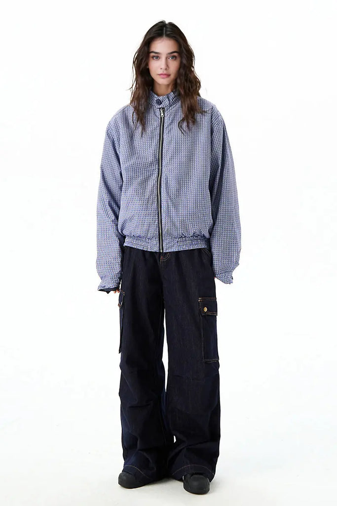 Fibflx Women's Reversible Micro-Check Zip-Up Bomber Jacket