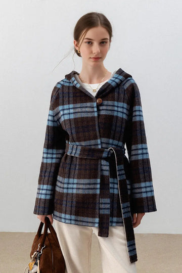 Fibflx Women's Reversible Vintage Short Plaid Wool Coat with Hood and Belt