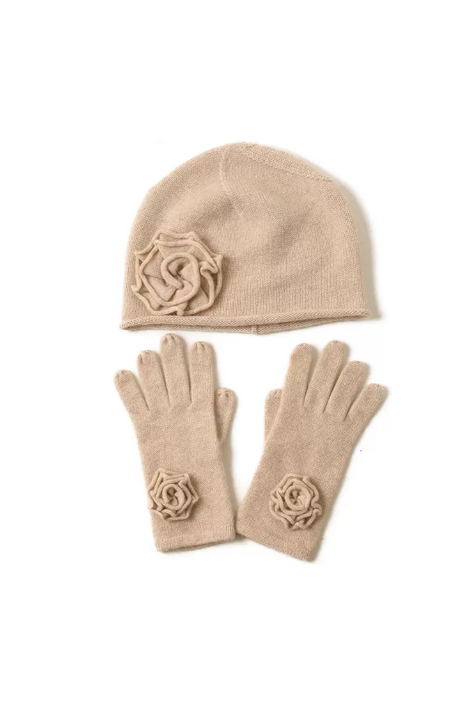 Rib Knit 100 Cashmere Gloves And Beanie Hat Set With Knit Flower Fibflx