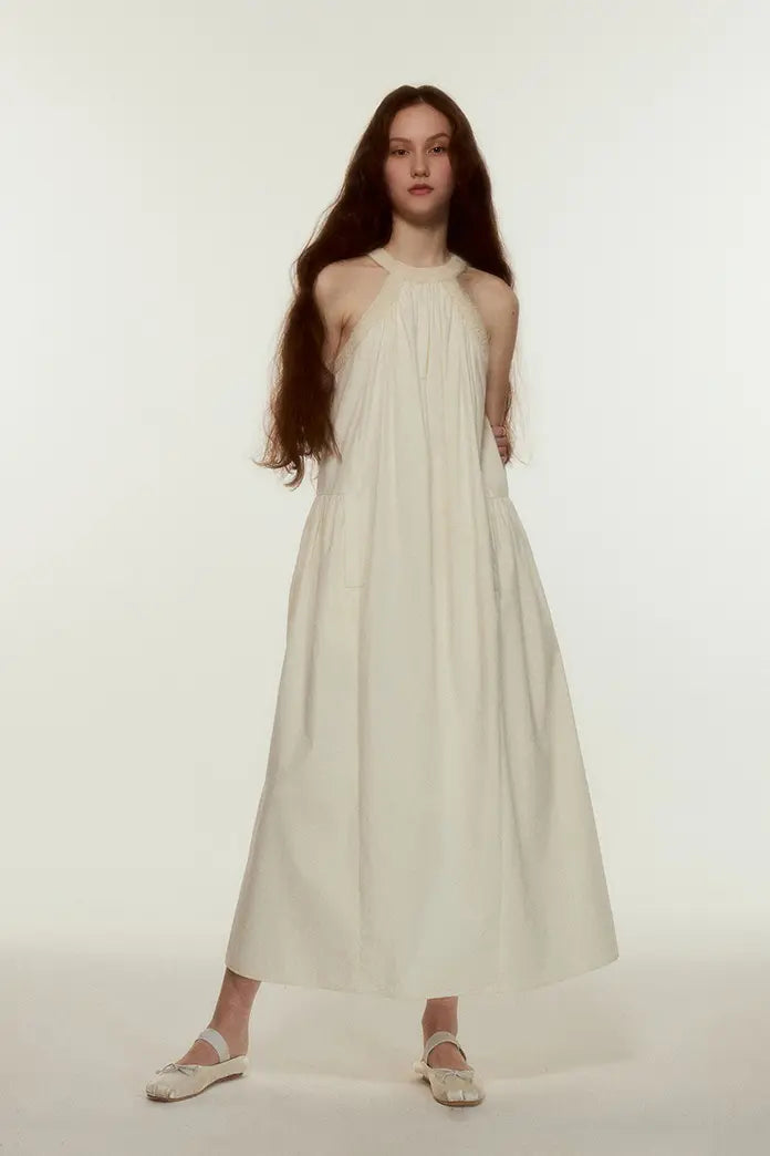 Rib Knit Collar Creamy White Midi Dress M / Ivory Cream / 80% Cotton 20% Viscose