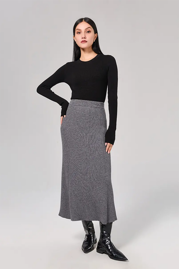 Ribbed Knit Washable Wool Skirt Fibflx