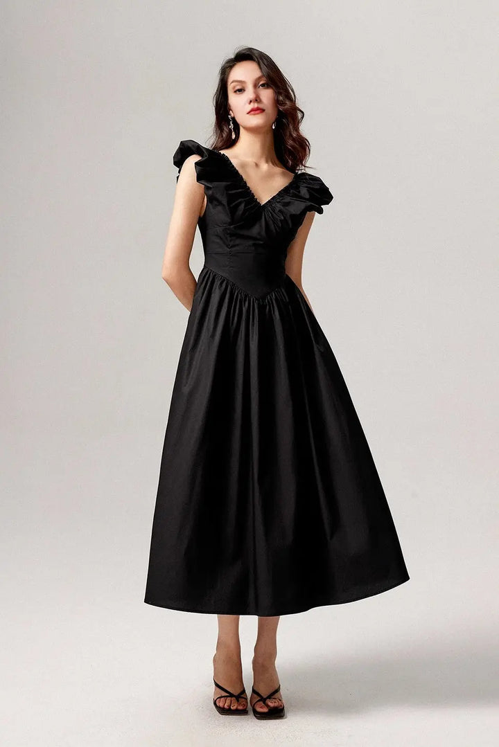 Ruffled V-Neck Open-Back Boho Maxi Dress M / Mars Black / 100% Cotton