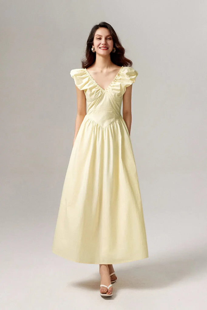 Fibflx Women's Ruffled V-Neck Open-Back Boho Maxi Dress