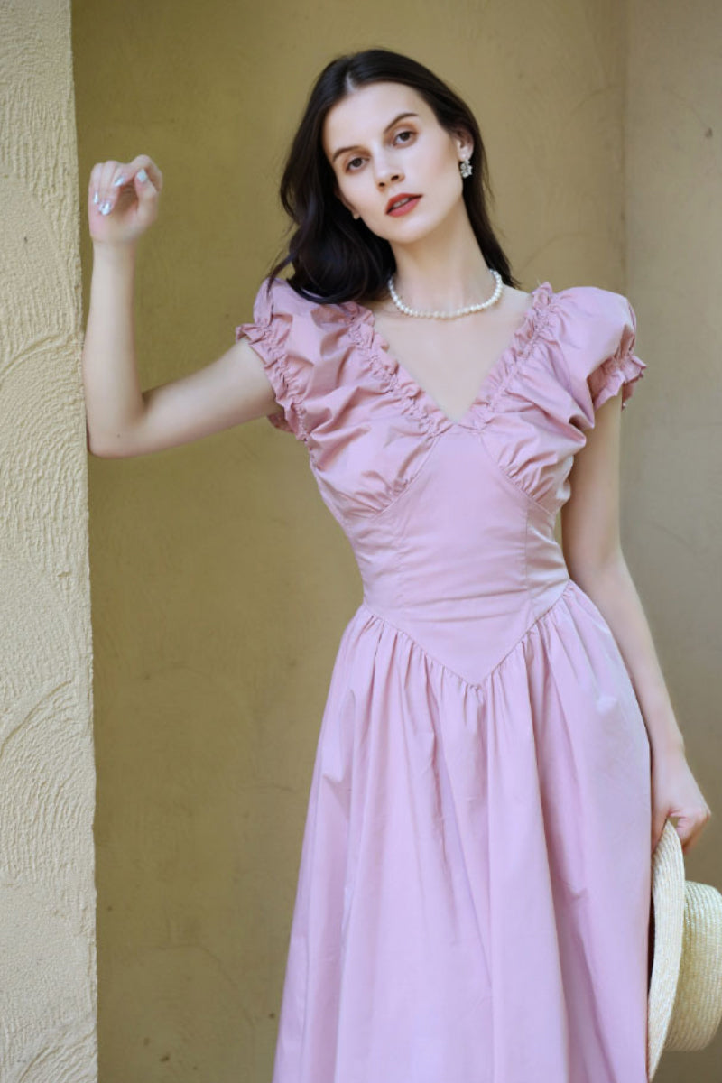 Ruffled V-Neck Open-Back Boho Maxi Dress XS / Teaberry Pink / 100% Cotton