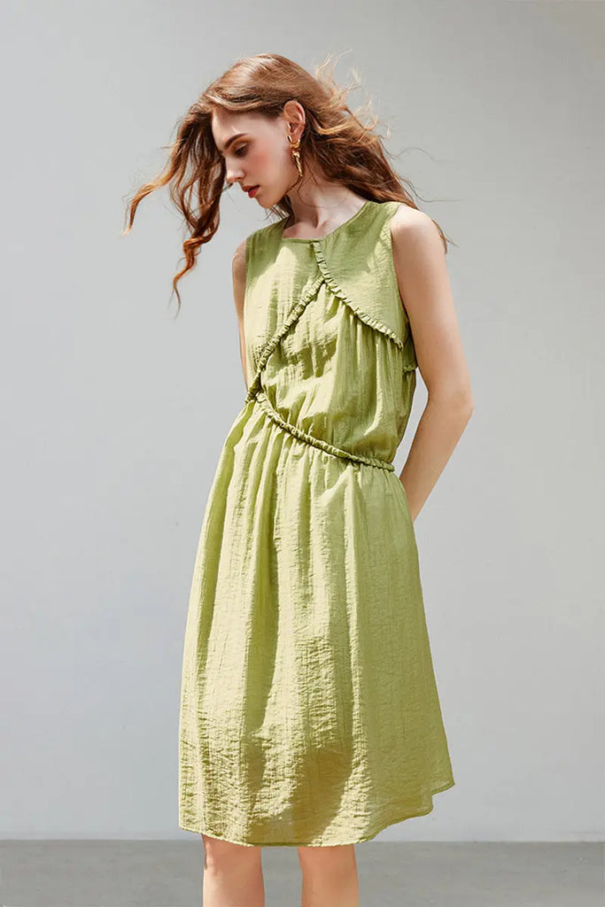 Sage Green Lyocell Sleeveless Ruffle-Detail Midi Dress  Fibflx