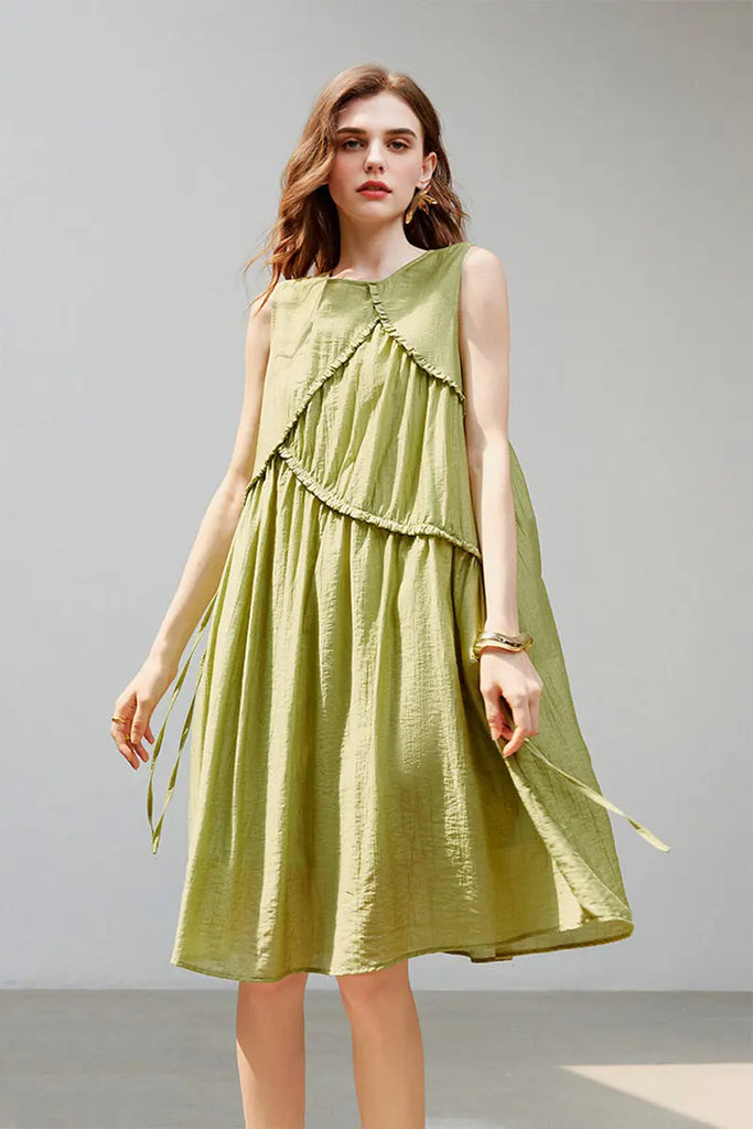 Sage Green Lyocell Sleeveless Ruffle-Detail Midi Dress  Fibflx