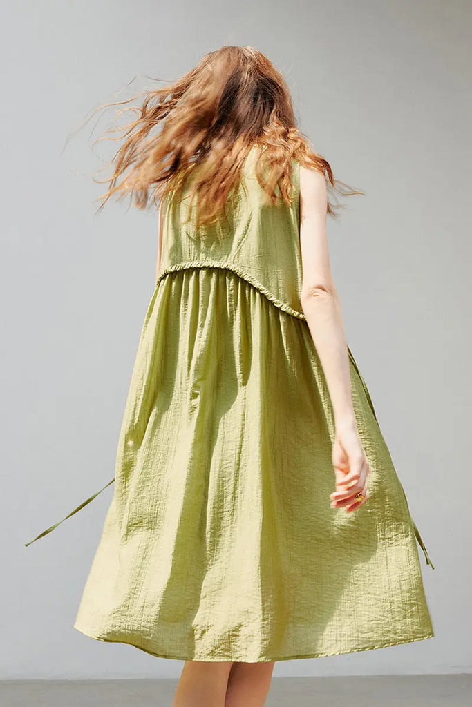Sage Green Lyocell Sleeveless Ruffle-Detail Midi Dress  Fibflx