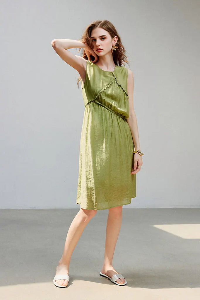 Sage Green Lyocell Sleeveless Ruffle-Detail Midi Dress  Fibflx