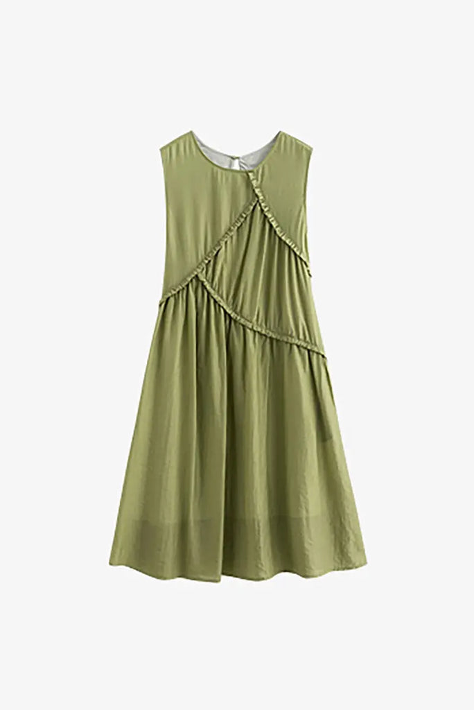 Sage Green Lyocell Sleeveless Ruffle-Detail Midi Dress  Fibflx