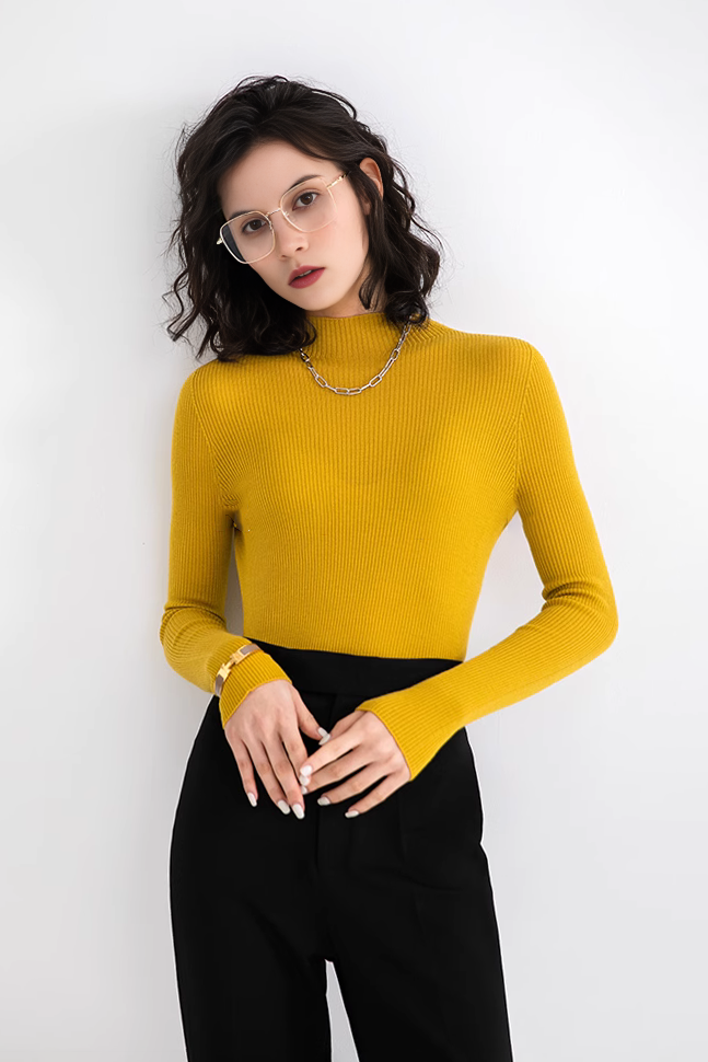 FIbflx Women's Seamless Knit 100 Washable Merino Wool Mock Turtleneck Sweater