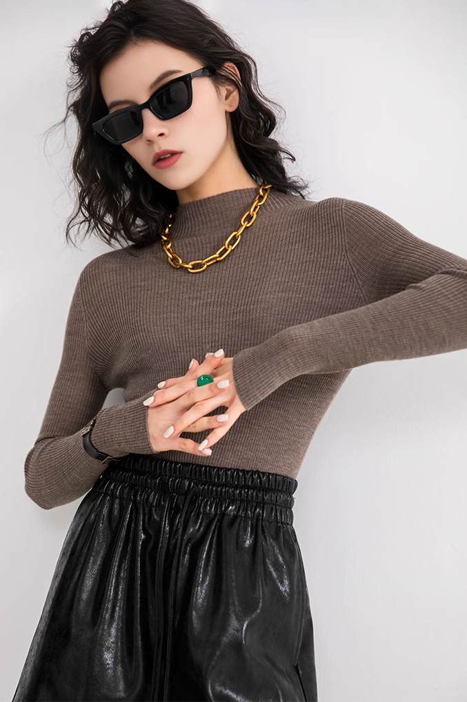 FIbflx Women's Seamless Knit 100 Washable Merino Wool Mock Turtleneck Sweater