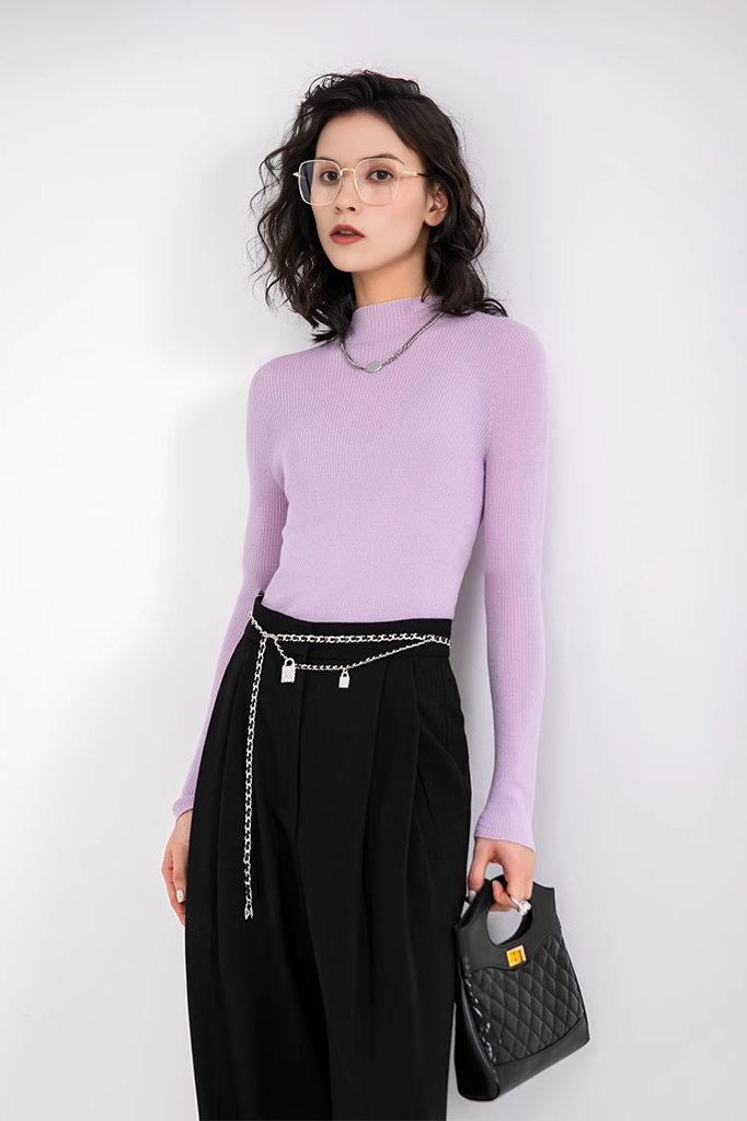 FIbflx Women's Seamless Knit 100 Washable Merino Wool Mock Turtleneck Sweater