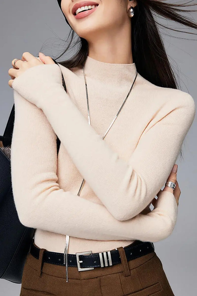 Seamless Knit 100 Washable Merino Wool Mock Turtleneck Sweater Fibflx