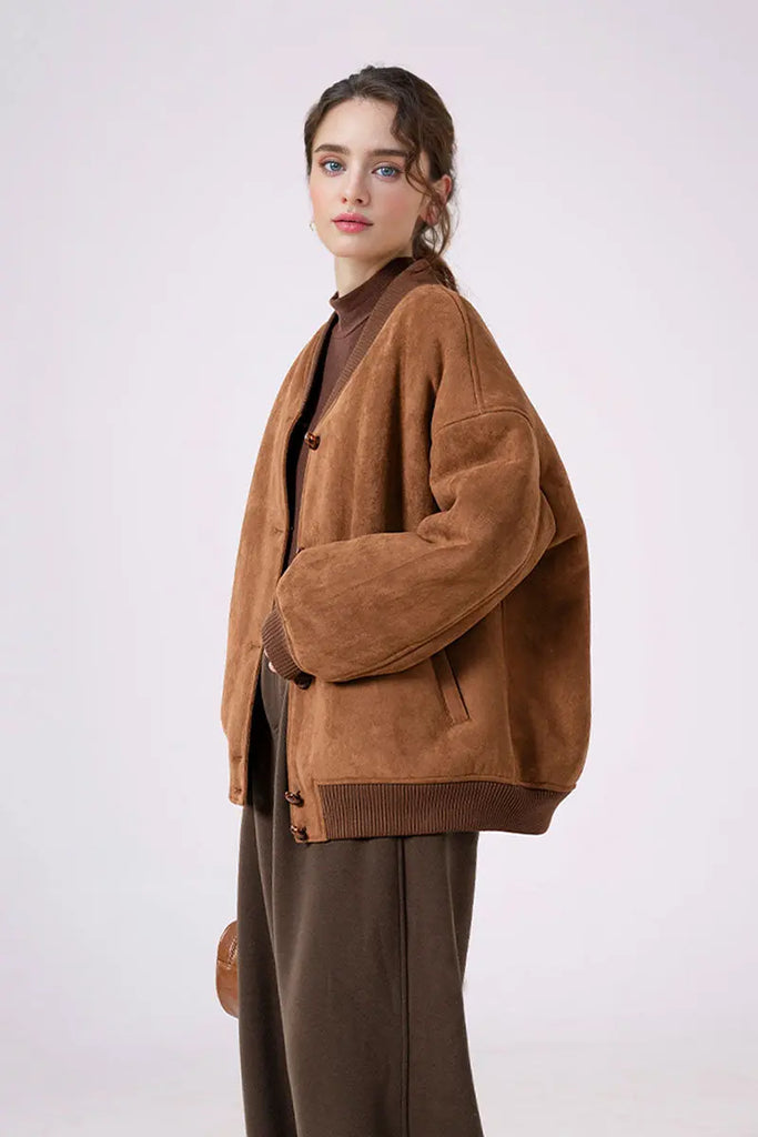 Fibflx Women's Shearling Wool Lined Faux Suede Bomber Jacket
