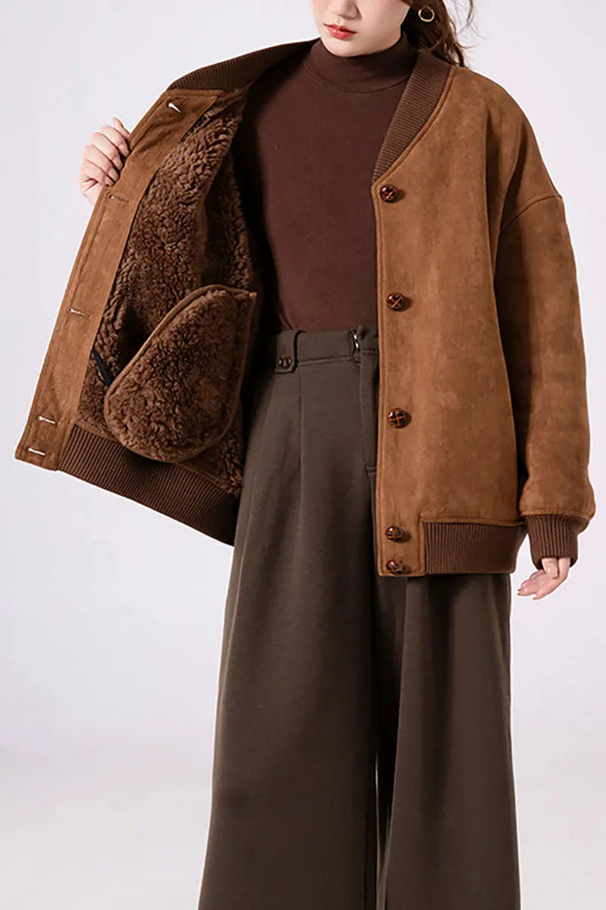 Fibflx Women's Shearling Wool Lined Faux Suede Bomber Jacket