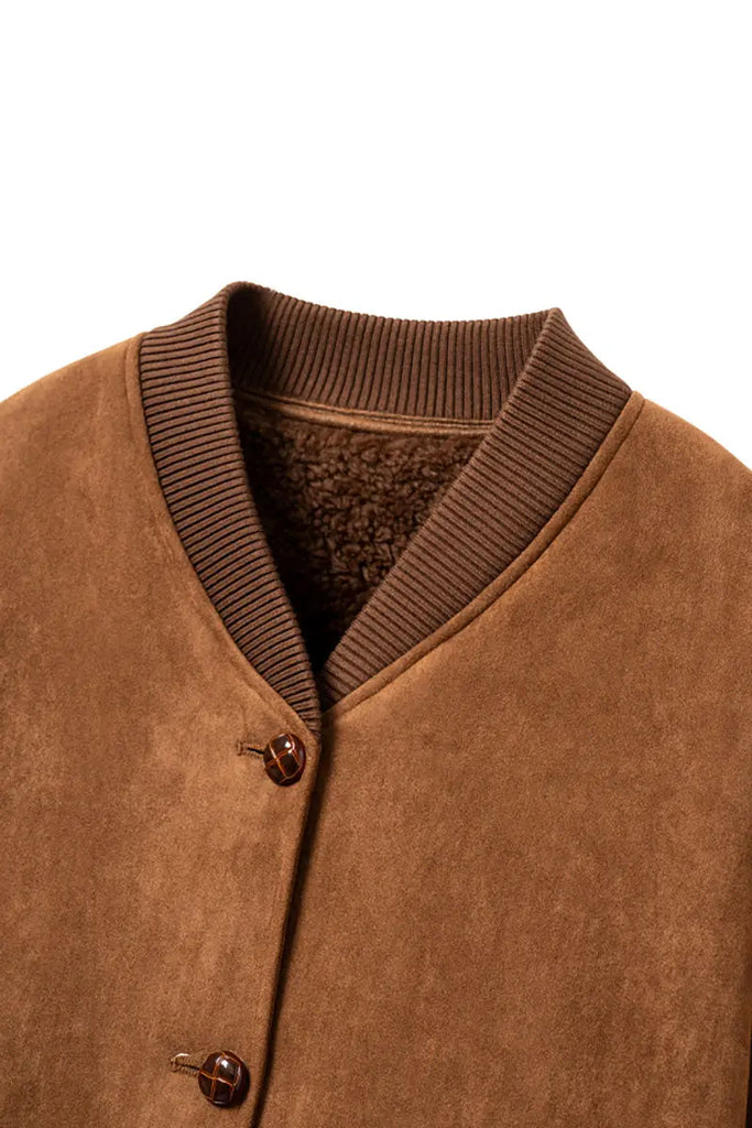 Fibflx Women's Shearling Wool Lined Faux Suede Bomber Jacket
