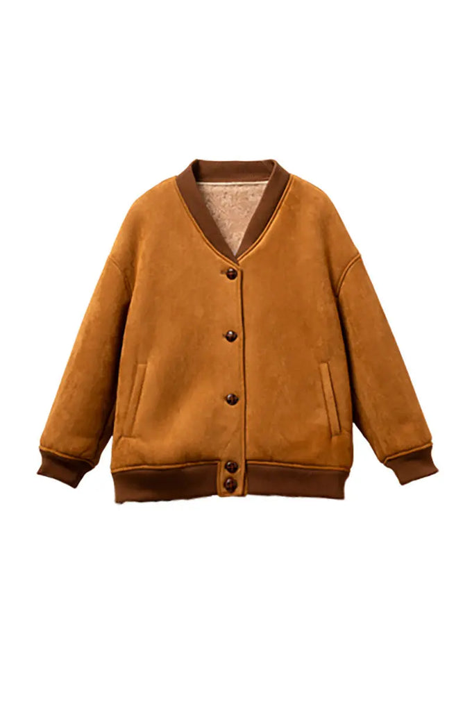 Fibflx Women's Shearling Wool Lined Faux Suede Bomber Jacket