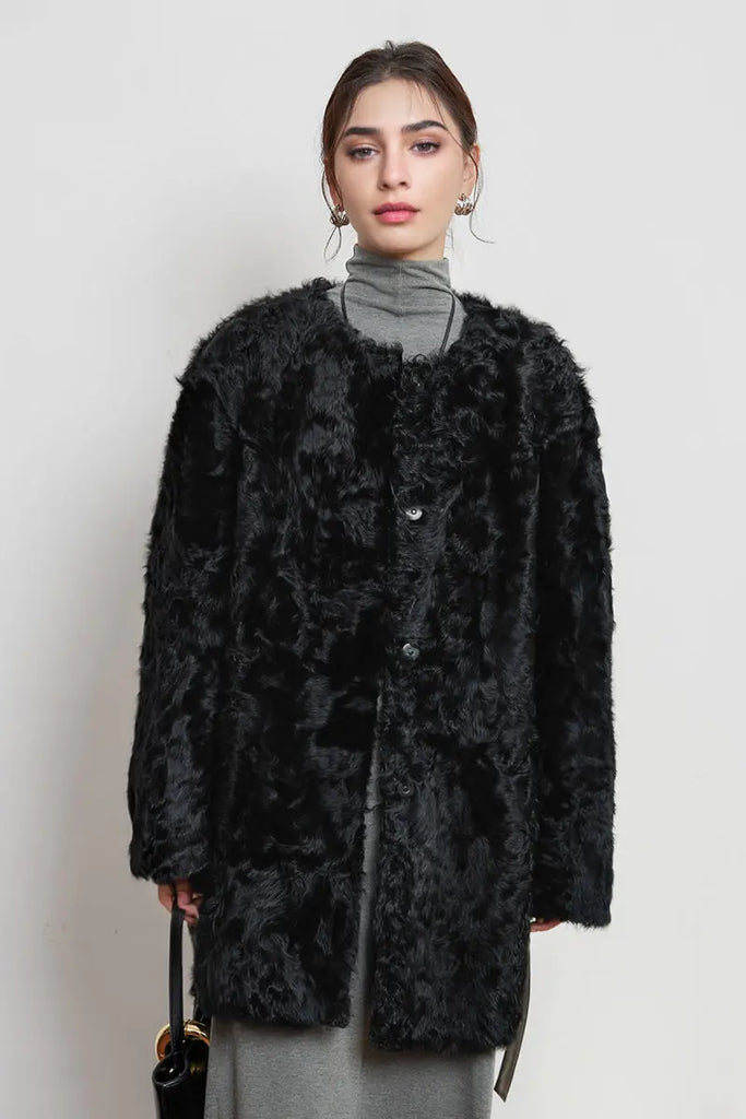 Fibflx Women's Collarless Mid-Length Sheepskin Shearling Coat with Leather Belt