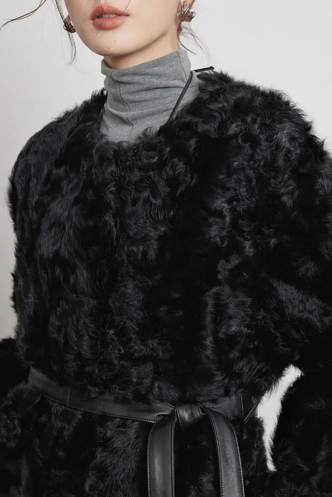 Fibflx Women's Collarless Mid-Length Sheepskin Shearling Coat with Leather Belt