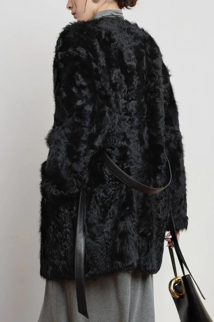 Fibflx Women's Collarless Mid-Length Sheepskin Shearling Coat with Leather Belt