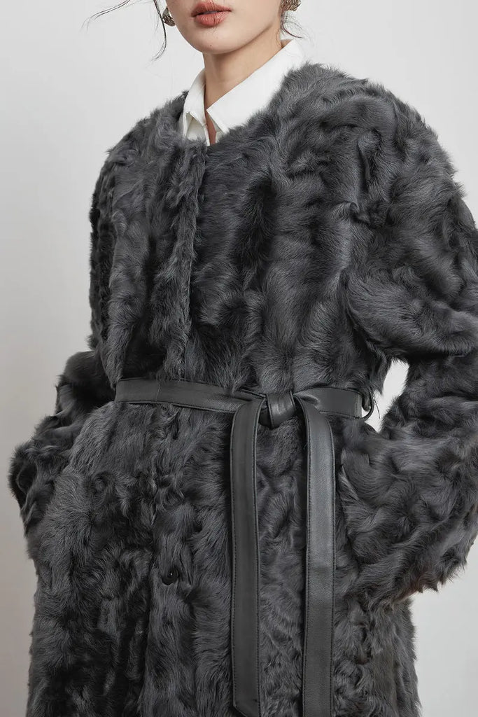 Fibflx Women's Collarless Mid-Length Sheepskin Shearling Coat with Leather Belt