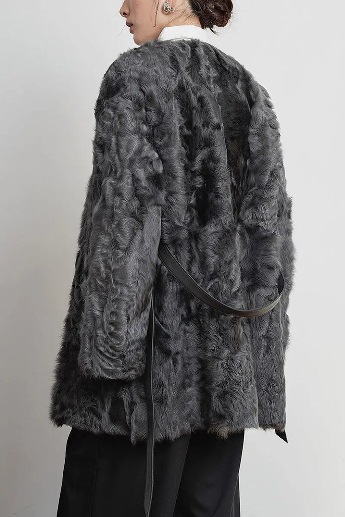 Fibflx Women's Collarless Mid-Length Sheepskin Shearling Coat with Leather Belt