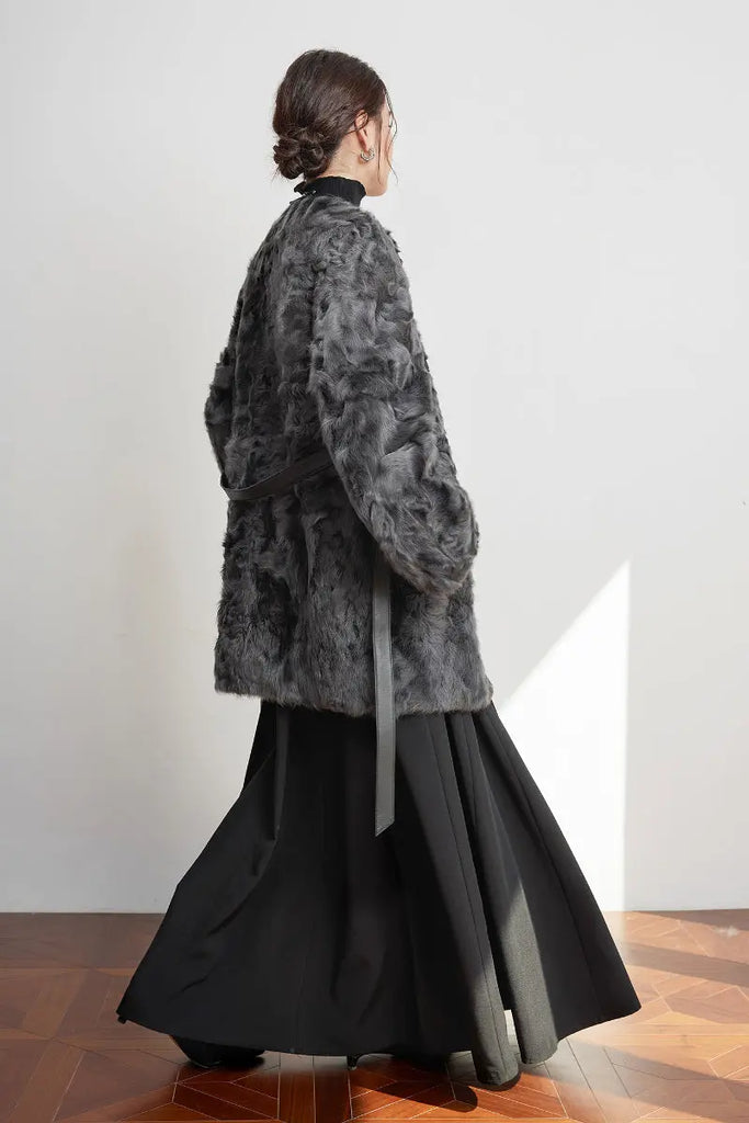 Fibflx Women's Collarless Mid-Length Sheepskin Shearling Coat with Leather Belt