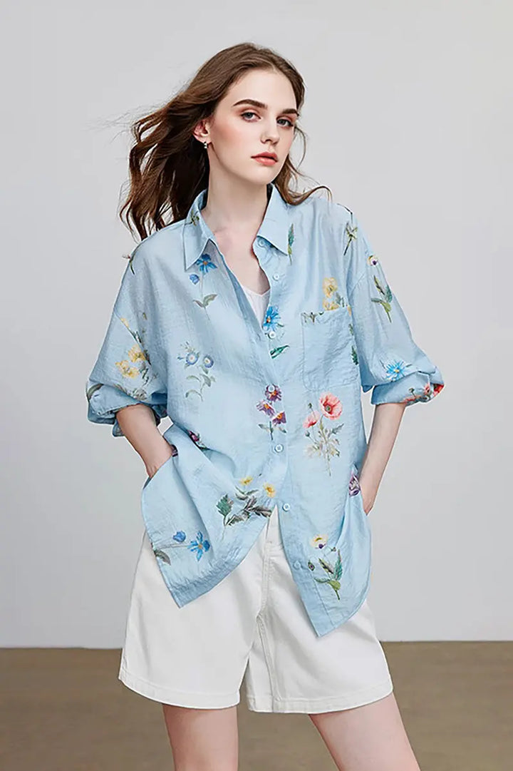 Sheer Floral Linen Button-Up Shirt L / Sonata Blue / 40.4% Viscose 33.9% Lyocell 15.7 Fibflx