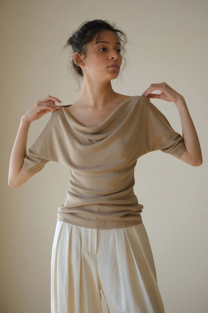 Fibflx Women's Short Sleeve Draped Collar Knitted Silk Top