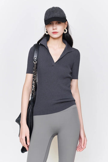 Fibflx Women's Short Sleeve V-neck Silk Polo Shirt
