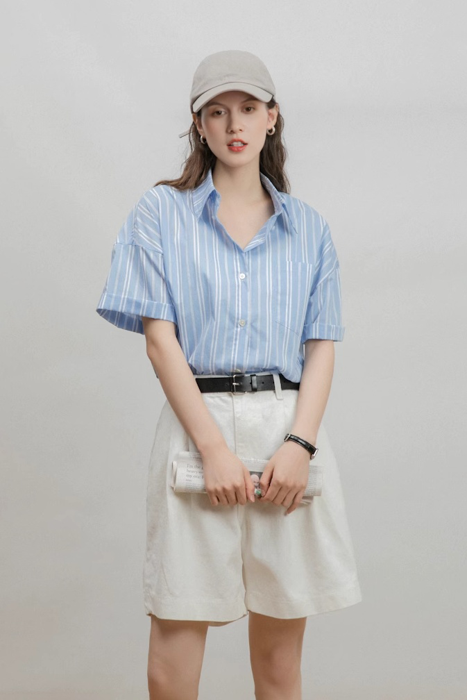 Fibflx Short Sleeve Vertical Striped Shirt Women