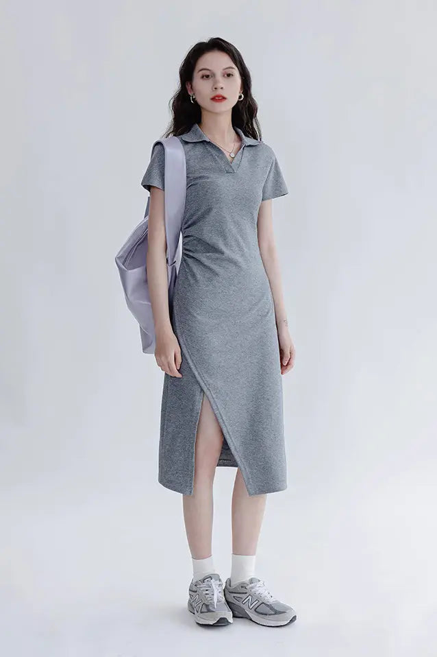 ladies polo shirt dress Side Slit XS / Rhinestone Grey / 55% Cotton 45% Viscose 5% Spandex occasion:night out