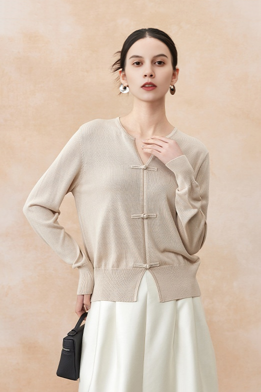 Fibflx Women's Silk Blend Lightweight Cardigan with Ribbed Trims