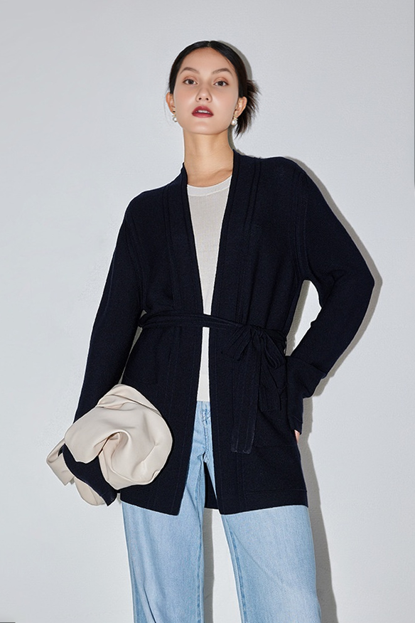 Silk Blend Wool Knitted Oversized Cardigan with Belt Fibflx