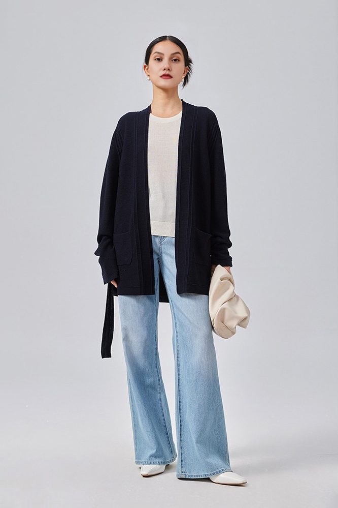 Silk Blend Wool Knitted Oversized Cardigan with Belt Fibflx