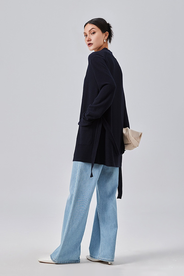 Silk Blend Wool Knitted Oversized Cardigan with Belt Fibflx