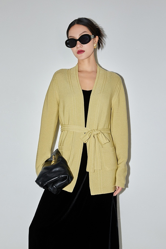 Silk Blend Wool Knitted Oversized Cardigan with Belt Fibflx