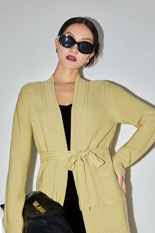 Silk Blend Wool Knitted Oversized Cardigan with Belt Fibflx