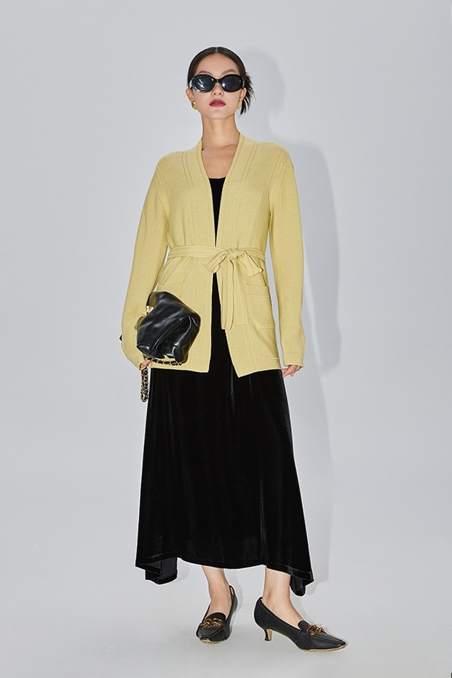 Silk Blend Wool Knitted Oversized Cardigan with Belt Fibflx