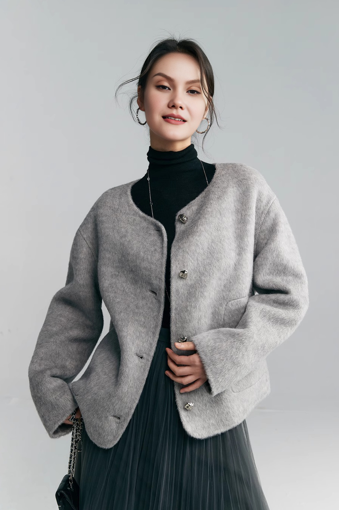 Silk Wool Blend Crewneck Cropped Jacket