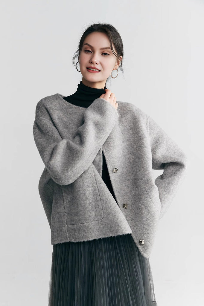 Silk Wool Blend Crewneck Cropped Jacket