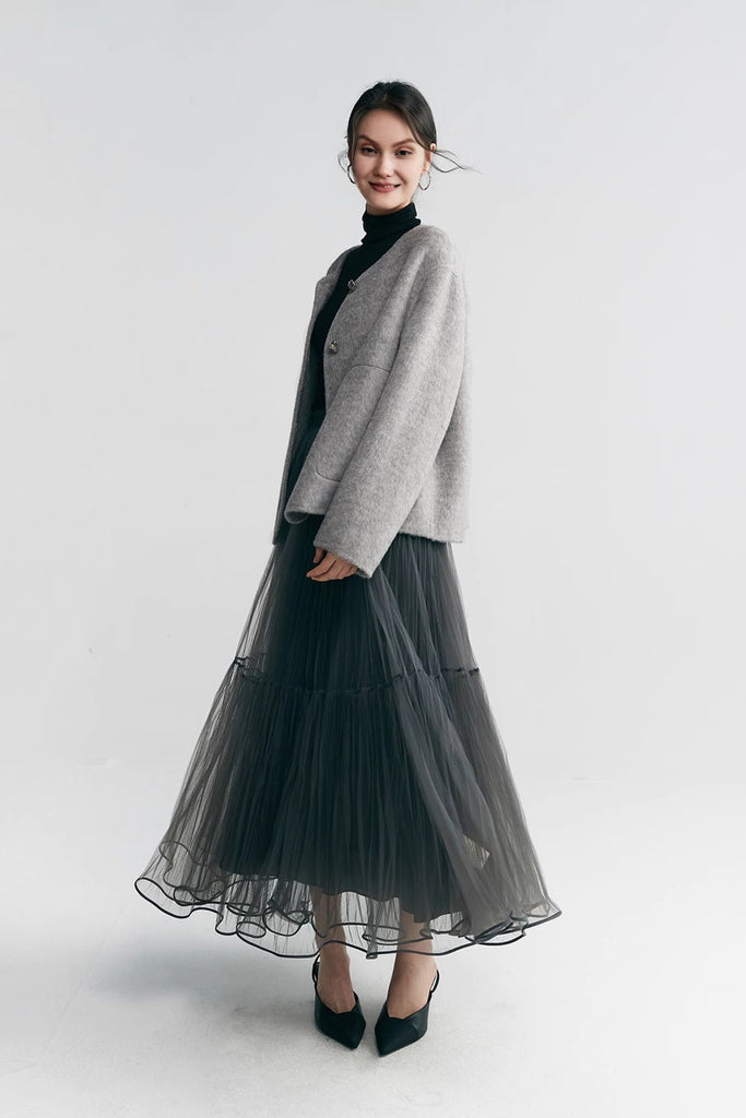 Silk Wool Blend Crewneck Cropped Jacket