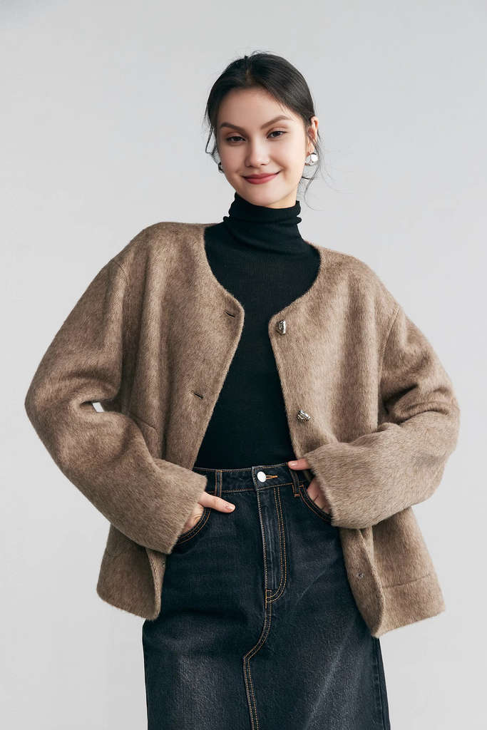 Silk Wool Blend Crewneck Cropped Jacket