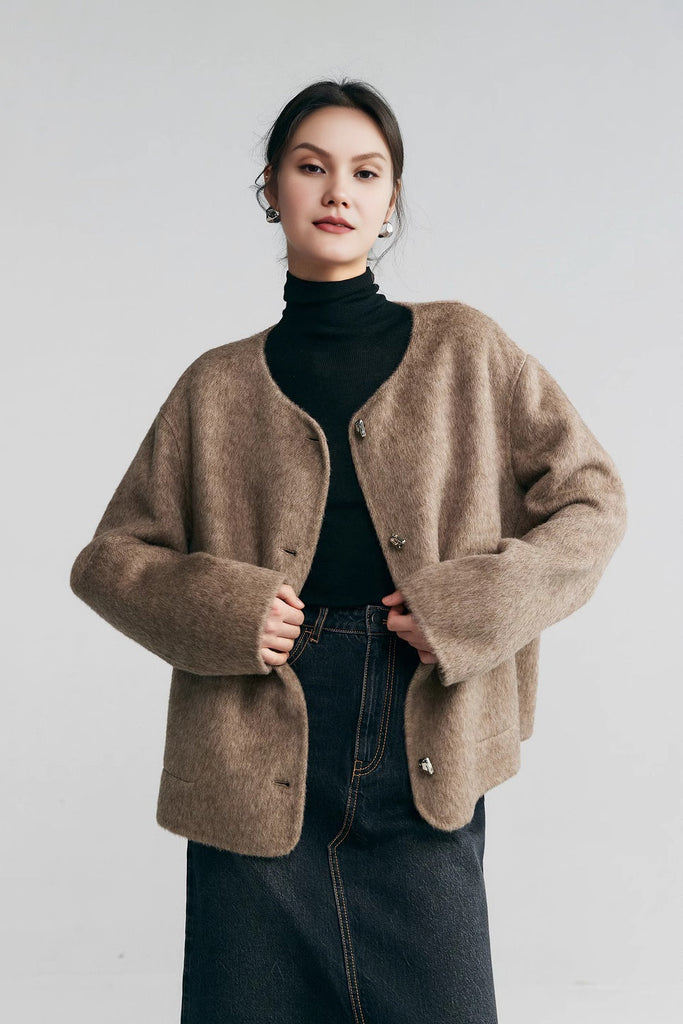 Silk Wool Blend Crewneck Cropped Jacket