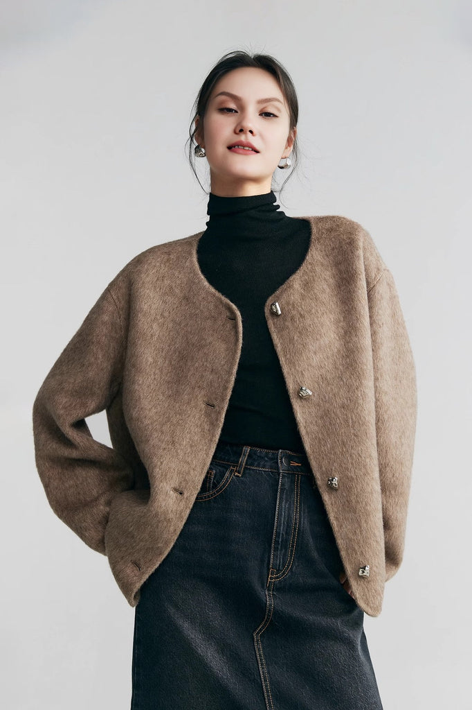 Silk Wool Blend Crewneck Cropped Jacket