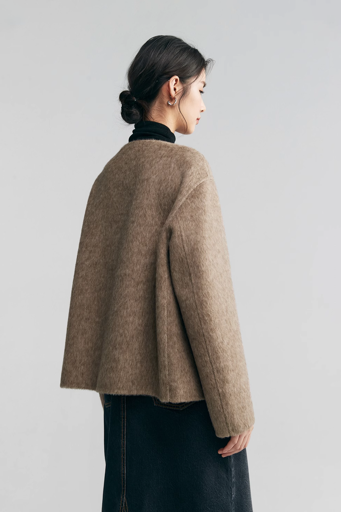 Silk Wool Blend Crewneck Cropped Jacket